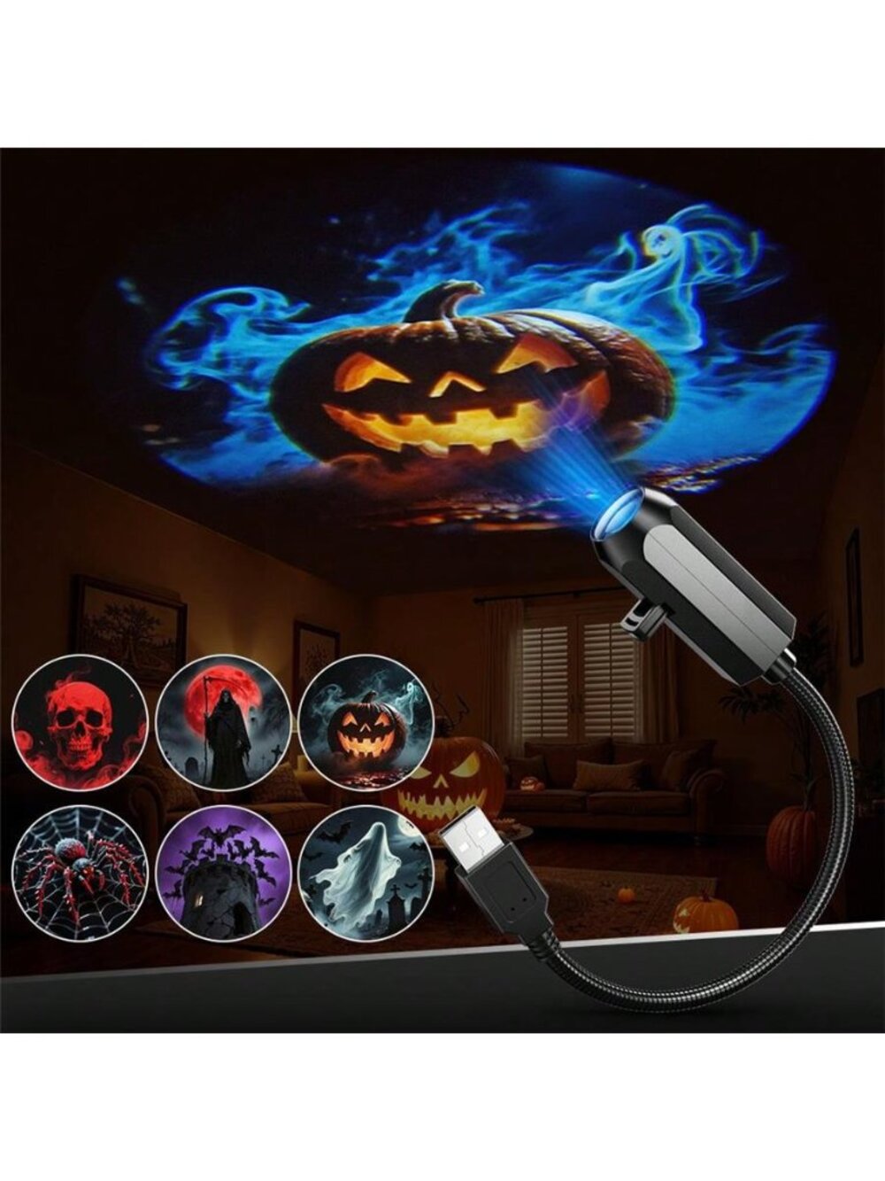 Halloween Projector, 6 Patterns USB Halloween Projector Lights, Background